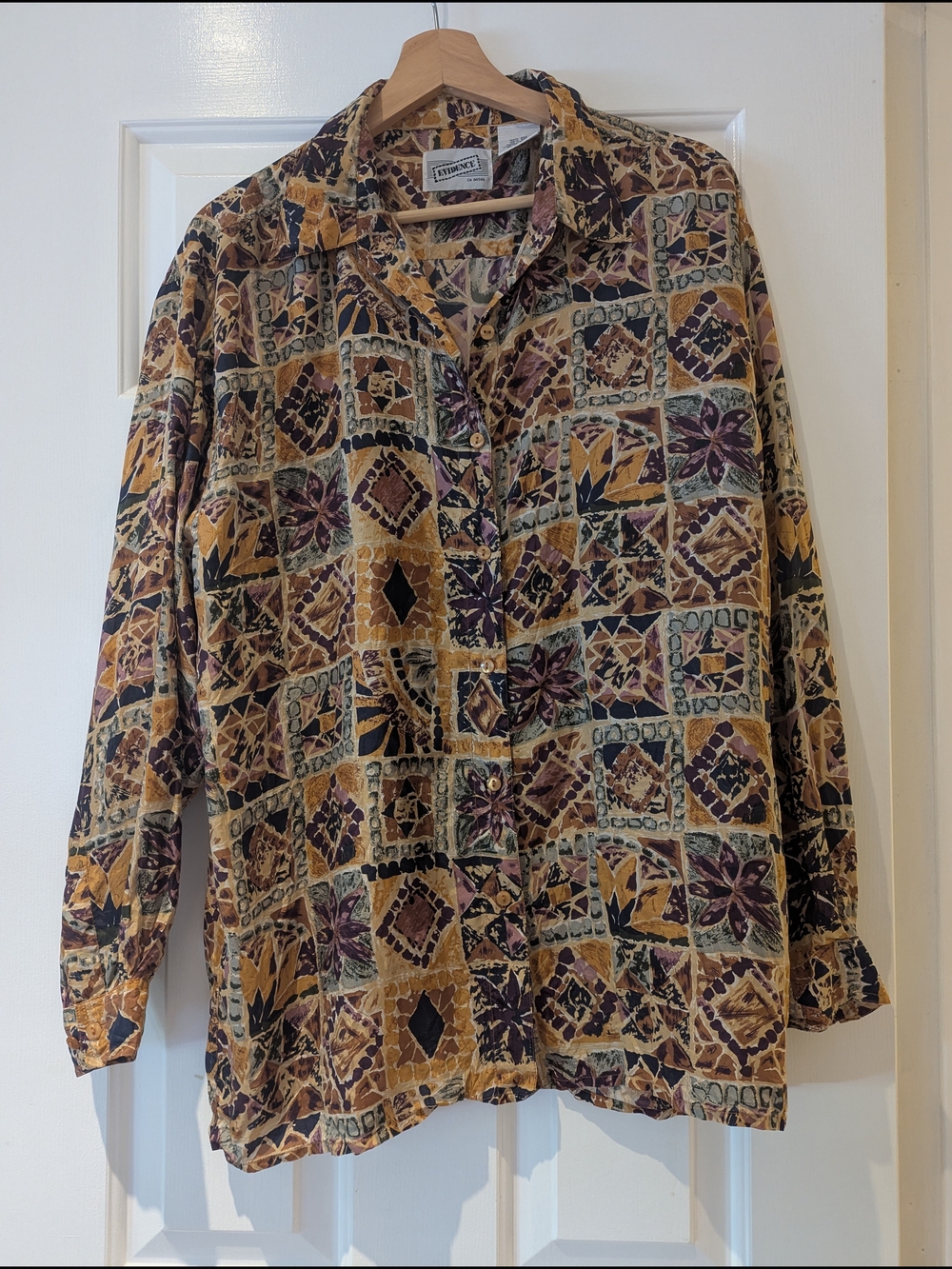 Vintage Evidence Silk Shirt Tribal Mosaic Tile Print Blouse Maximalist 80s 90s